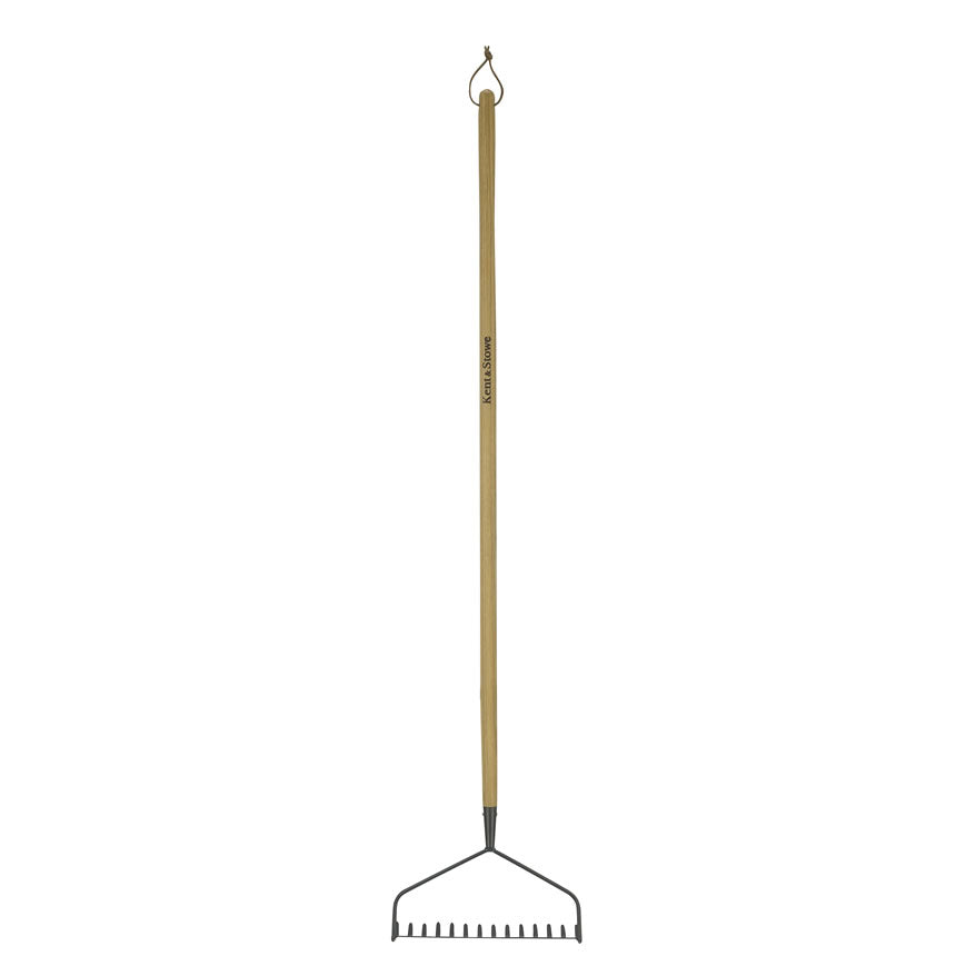 K&S Carbon Steel Soil Rake with ash wood handle, ideal for tight spaces and gardeners with limited mobility – Keans