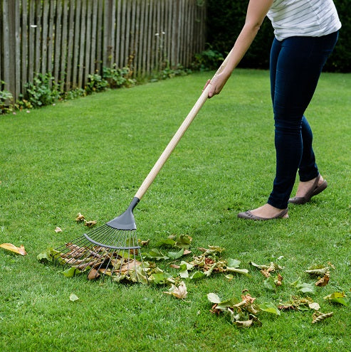 K&S Carbon Steel Lawn & Leaf Rake with durable tines, ideal for garden cleanup – available at Keans Claremorris.