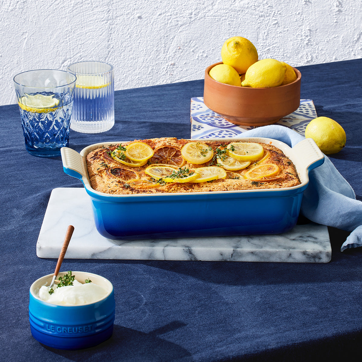 Le Creuset 26cm Azure Stoneware Rectangular Dish for baking and serving – available at Keans Claremorris