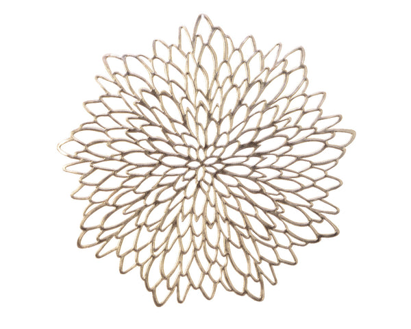 Round 38cm PVC placemat with lace effect design in champagne gold, elegant and durable – Keans Claremorris