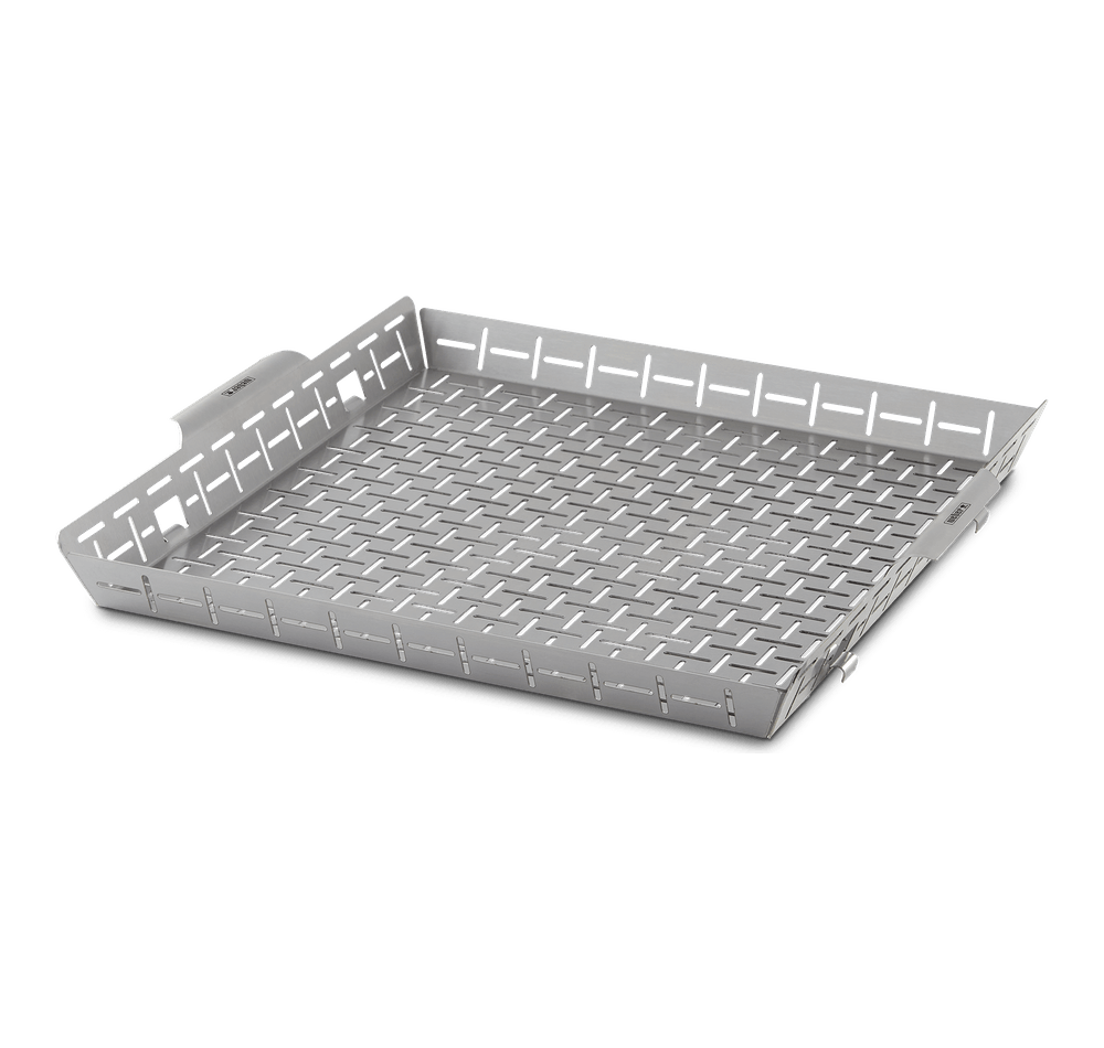 Weber Crafted Roasting Basket, dual-sided porcelain BBQ insert for meats and veggies, dishwasher safe, available at Kean’s