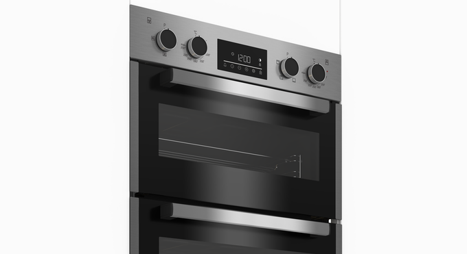 Beko 60cm stainless steel multifunction built-in double oven, sleek design, available at Keans Claremorris.