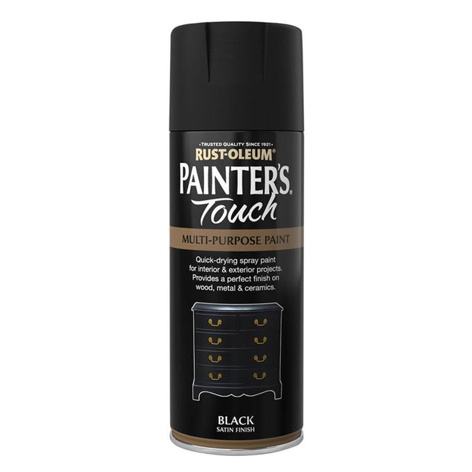 Painters Touch Satin Black 400ml spray paint, fast-drying, durable finish, multi-purpose aerosol – Keans Claremorris.