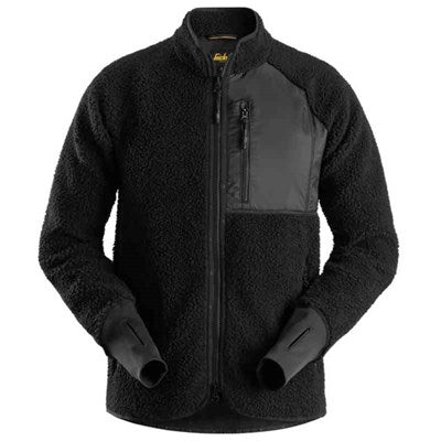 Snickers AW Pile Full Zip Jacket in black, XL, warm polyester workwear with zippered pockets, thumb grips – Keans
