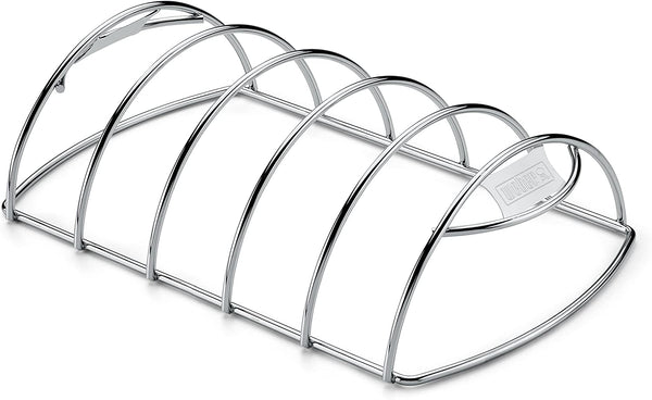 Weber BBQ Rib Rack holds up to 5 racks upright for even grilling, durable plated steel, available at Kean’s Claremorris. –