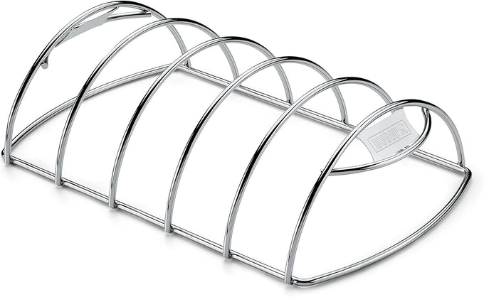 Weber BBQ Rib Rack holds up to 5 racks upright for even grilling, durable plated steel, available at Kean’s Claremorris. –