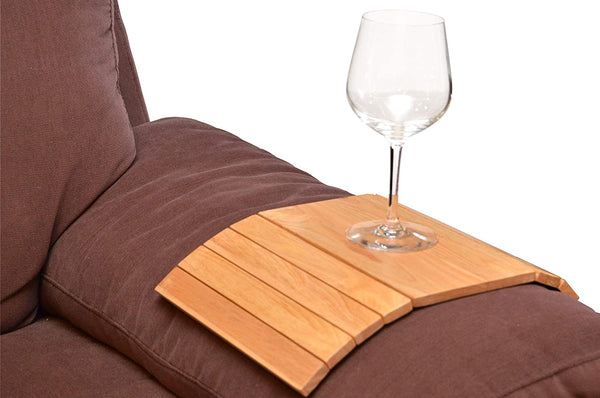 Flexible sofa tray by Keans Claremorris, sturdy Hevea wood, non-slip linen back, perfect for drinks, snacks, and gadgets on
