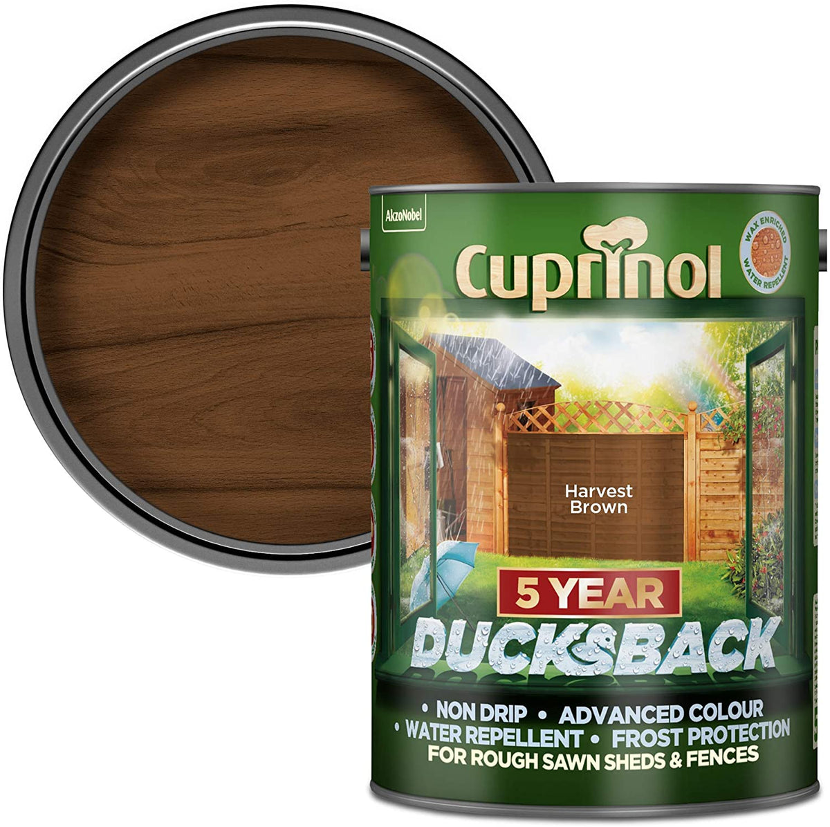 Ducksback Harvest Brown 5L wood treatment, water-based, protects fences & sheds, quick-dry, low odor – Keans Claremorris.