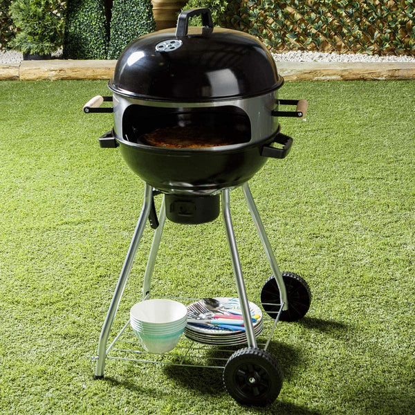 18" black charcoal kettle BBQ with pizza oven extension, stone, durable steel, wheels – Keans Claremorris