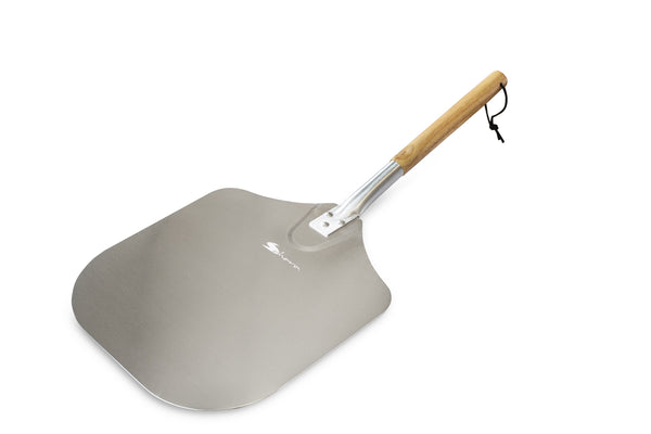Sahara Pizza Peel with large aluminium head and cool-touch wooden handle for safe, precise pizza lifting – Keans Claremorris.