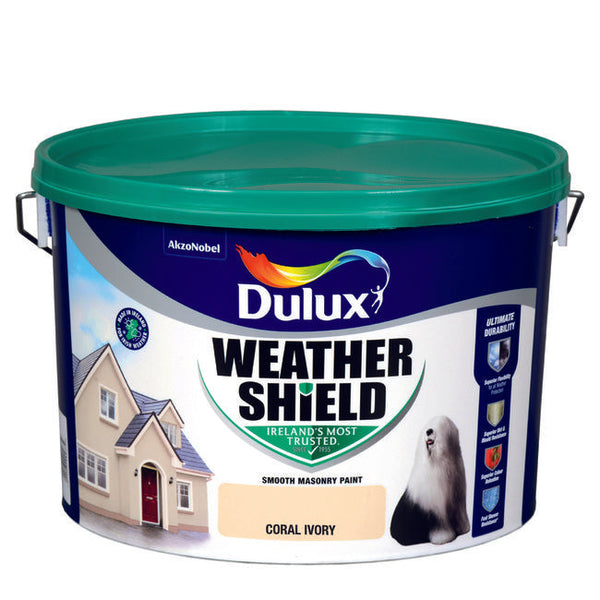 Dulux Weathershield Coral Ivory Masonry Paint 10L, exterior, opaque, anti-mould, anti-fade, 16sqm/L - Keans Claremorris