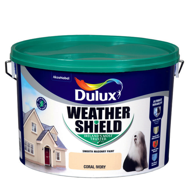 Dulux Weathershield Coral Ivory Masonry Paint 10L, exterior, opaque, anti-mould, anti-fade, 16sqm/L - Keans Claremorris