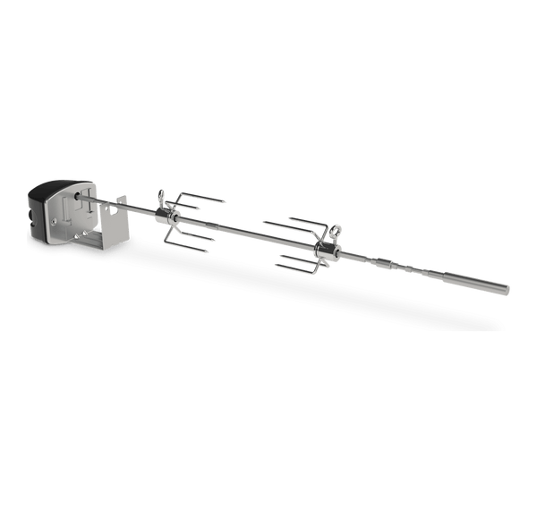 Weber Rotisserie attachment for Spirit BBQs with motorized spit, stainless steel, even cooking, available at Kean’s