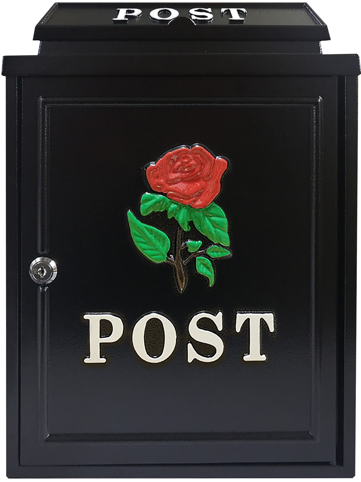 Manor black cast aluminium wall-mounted post box with red rose design, lockable door, rainproof letterflap – Keans