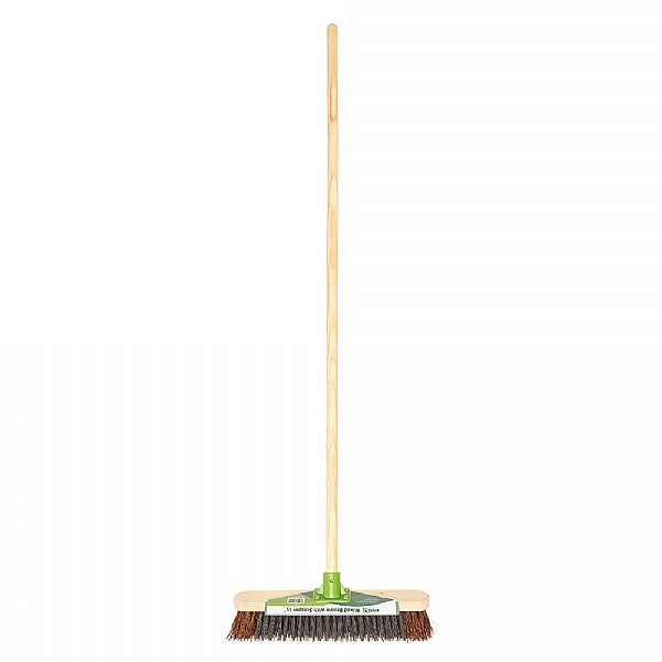 Gardman Mixed Broom & Scraper with 15" mixed bristles, metal scraper, wooden handle for heavy-duty sweeping and moss removal