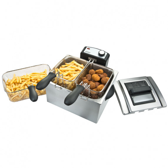 Bourgini 5L stainless steel triple basket deep fryer with adjustable thermostat and viewing window - Keans Claremorris