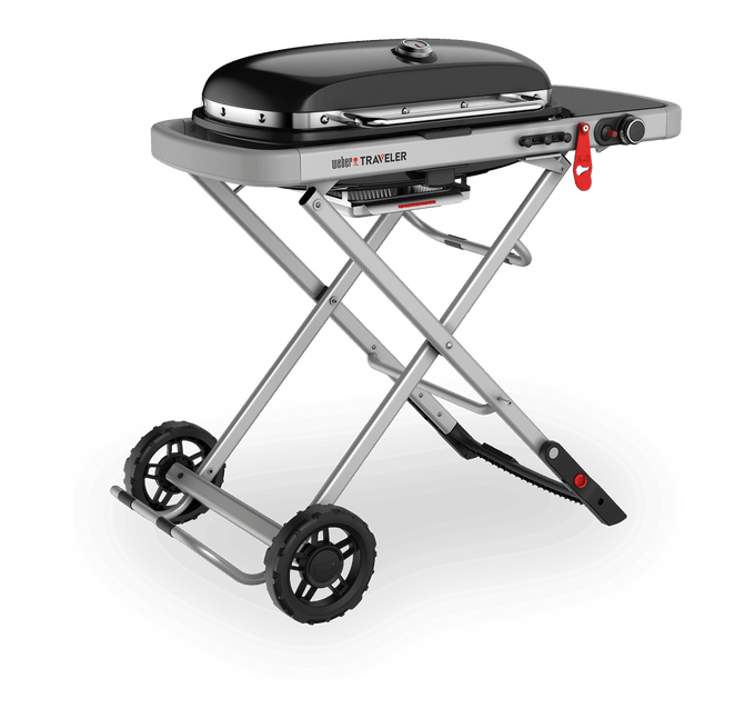 The Weber Traveller BBQ portable charcoal grill, compact design for easy travel – available at Keans Claremorris.