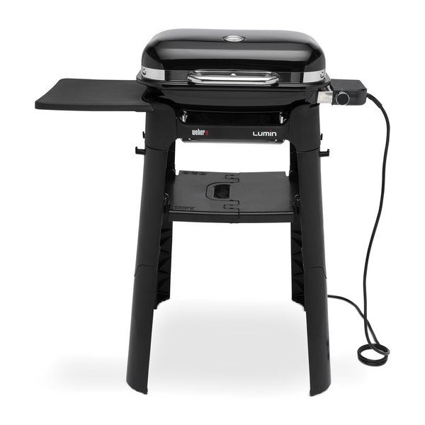 Weber Lumin Compact Electric BBQ with Stand, high-heat searing, smoke & steam functions, black finish, at Kean’s Claremorris