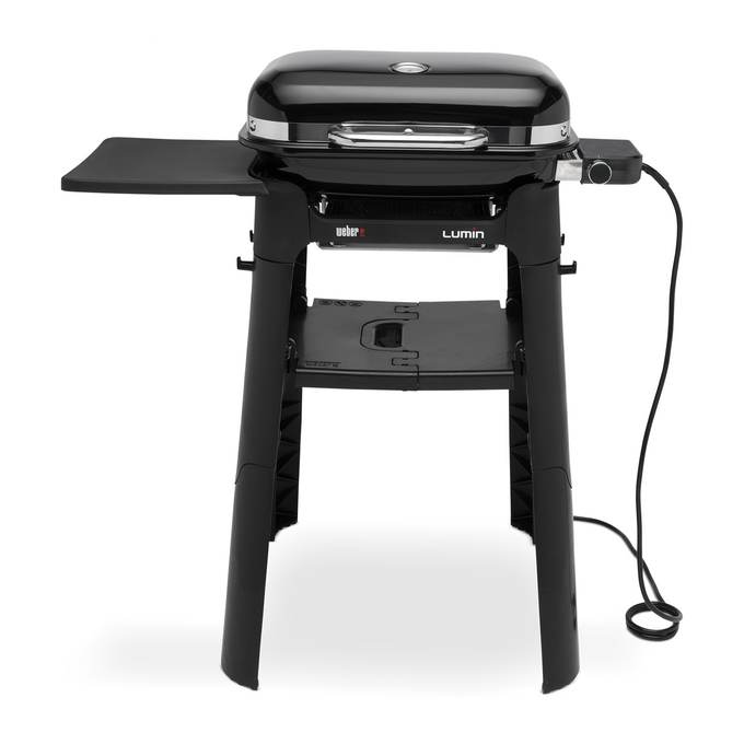 Weber Lumin Compact Electric BBQ with Stand, high-heat searing, smoke & steam functions, black finish, at Kean’s Claremorris