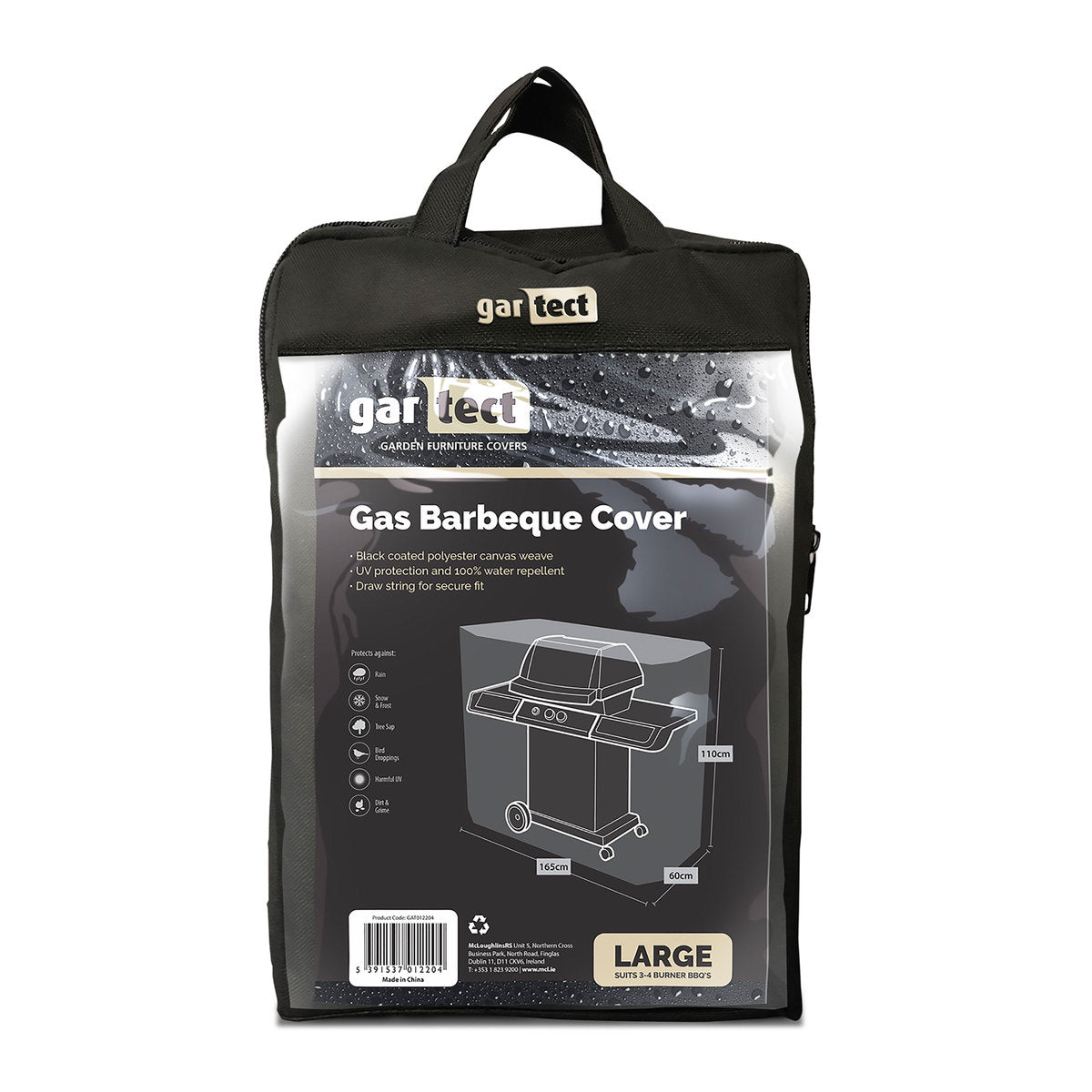 Gartect Classic black BBQ cover, 600D polyester, water repellent, UV protection, drawstring fit, 110x60x165cm - Keans