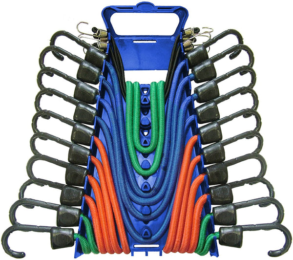 Faithfull 14-piece heavy-duty bungee cord set with steel hooks and storage rack, available at Kean’s Claremorris. – online