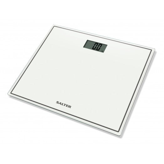Salter 9207W white electronic weighing scales with toughened glass, easy-read display, compact design – Keans Claremorris