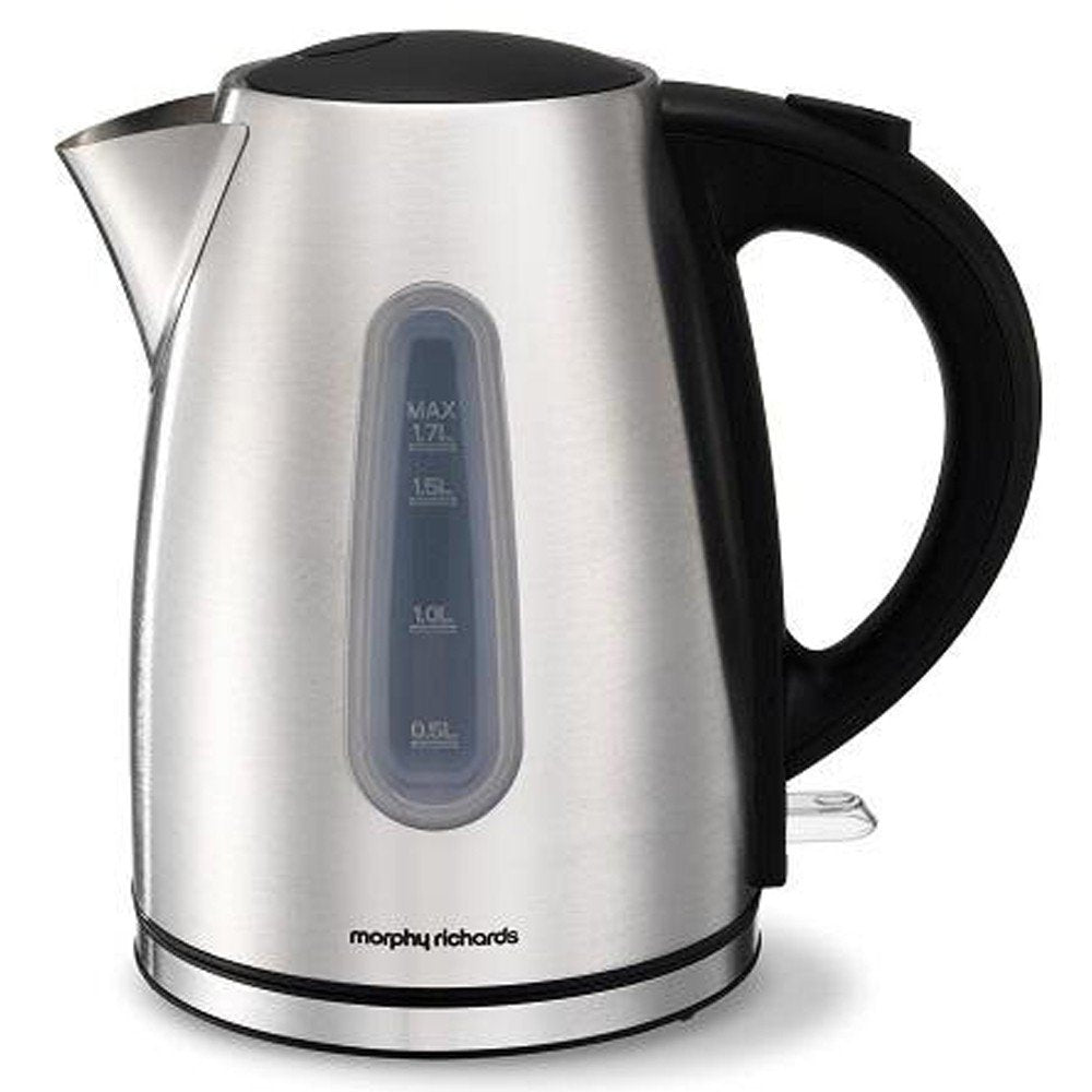 Morphy Richards 1.7L cordless kettle in brushed steel with sleek design, easy maintenance – available at Keans Claremorris.