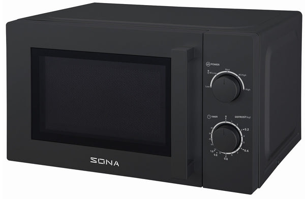 SONA 20L Black Microwave 700W power, compact design, ideal for home or office – available at Keans Claremorris.