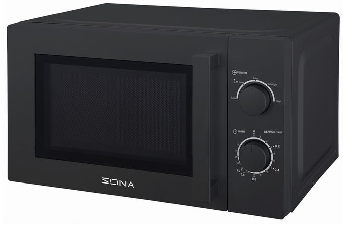 SONA 20L Black Microwave 700W power, compact design, ideal for home or office – available at Keans Claremorris.