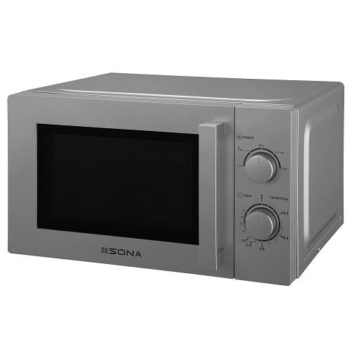 SONA 20L Silver Microwave 700W power, compact design, perfect for home or office – available at Keans Claremorris.