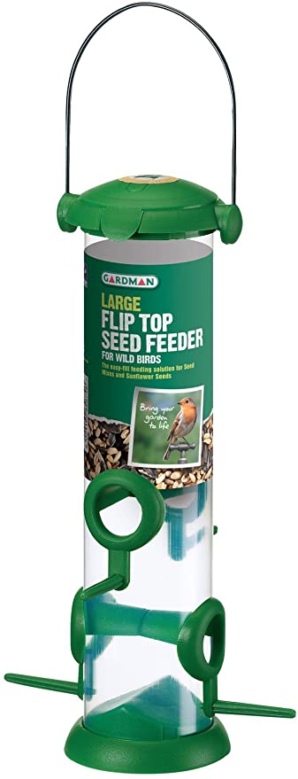 Gardman Flip Top Seed Feeder, durable plastic, flip lid, holds 450g seed, 28cm tall – Keans Claremorris.