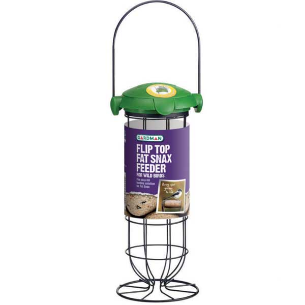 Flip Top Fat SNAX Feeder with durable plastic and steel, holds 3 suet balls, 20 cm tall – Keans Claremorris.