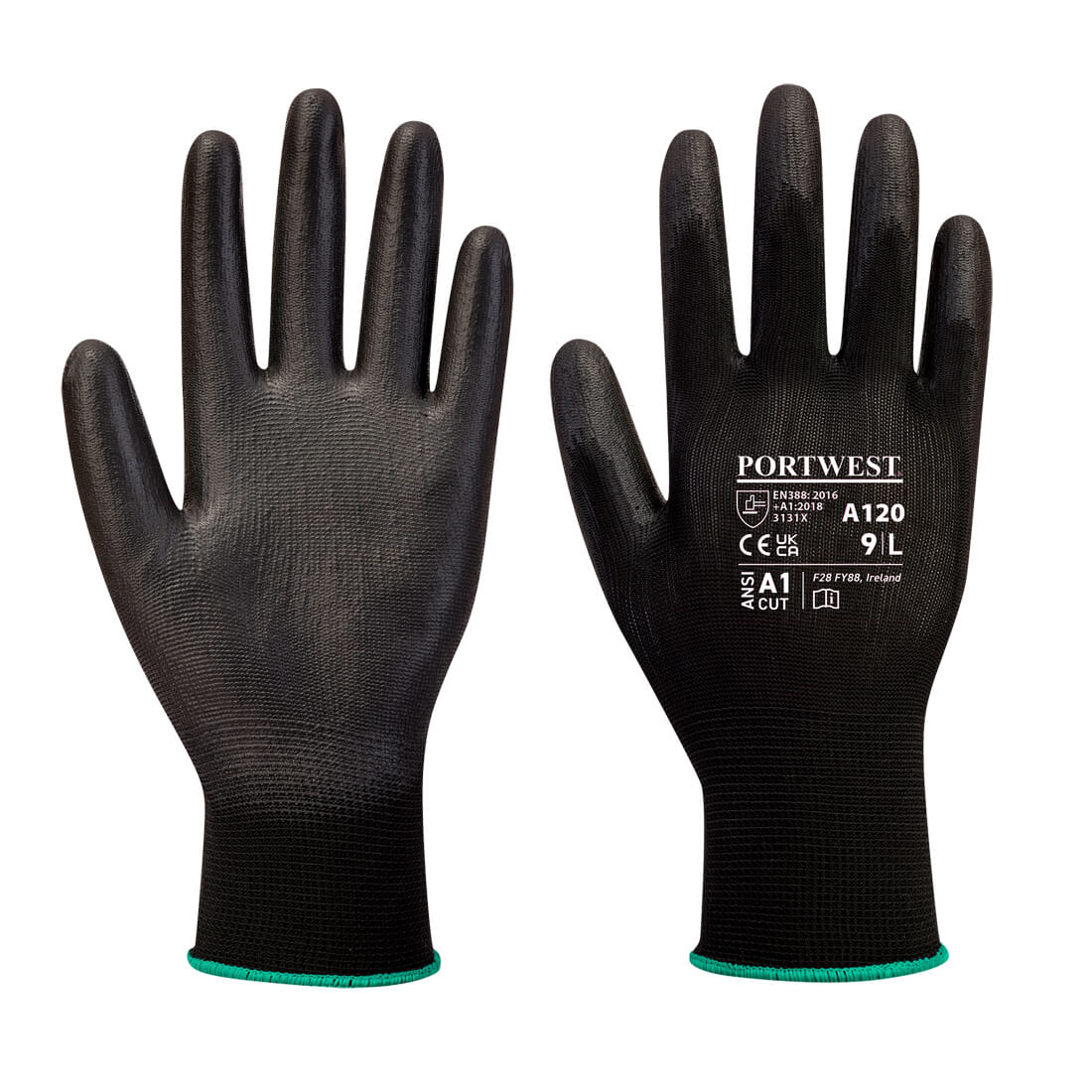 Portwest PU Palm Glove Black Size 9, breathable, CE certified, abrasion resistant, high dexterity - Keans Claremorris