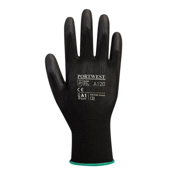 Portwest PU Palm Glove Black Size 10 XL, breathable, abrasion-resistant, dexterous, CE certified, available at Keans