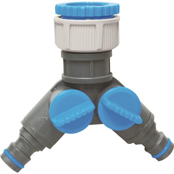 Aquacraft Dual Outlet Tap Connector with two adjustable outlets, non-slip rubber cover, easy fit – available at Keans