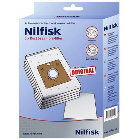 Nilfisk Action & Bravo Floorcare Bags, 5 synthetic vacuum bags + premotor filter, fits GM100, Action, Astral series – Keans