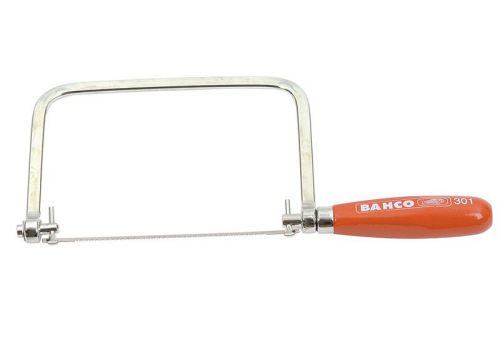 Bahco 301 Coping Saw 165mm with 360° rotating blade, twist-action wooden handle for precise curved cuts – available at