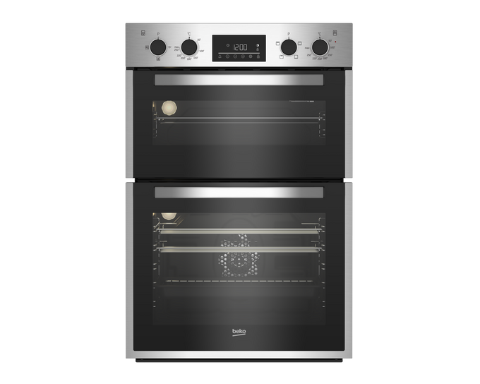 Beko 60cm stainless steel built-in double oven with multifunction fan, SteamShine™ cleaning, 75L main oven, at Kean’s