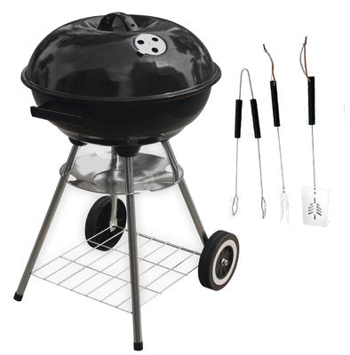 Kettle BBQ 18" charcoal grill in black with wheels, 3-piece tool set, easy assembly, 43.5cm diameter – Keans Claremorris