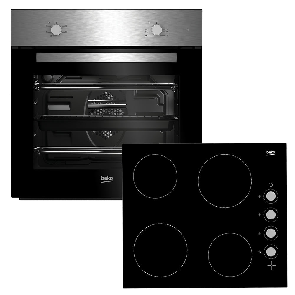 Beko BBSF210SX built-in fan oven and ceramic hob pack with AeroPerfect™, RecycledNet™, 66L, energy-efficient, at Kean’s