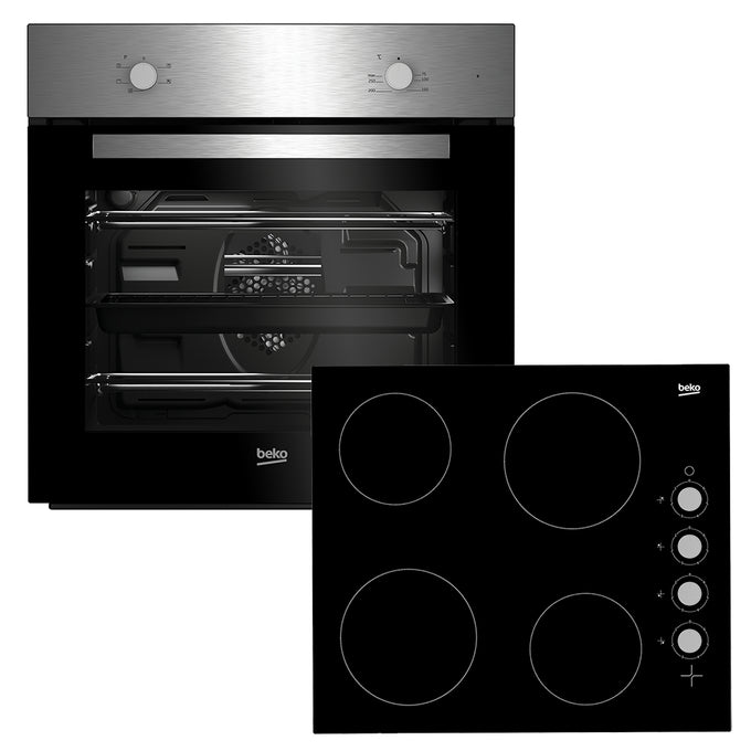 Beko BBSF210SX built-in fan oven and ceramic hob pack with AeroPerfect™, RecycledNet™, 66L, energy-efficient, at Kean’s