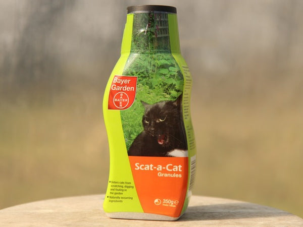 Bayer Scat A Cat 350g granules, garlic-based cat repellent for gardens and play areas, from Keans Claremorris.