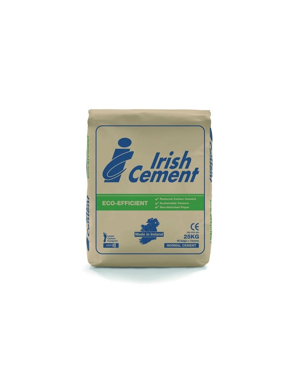Irish Cement 25kg Bag for general concreting, block laying, and plastering – eco-friendly, available at Keans Claremorris.