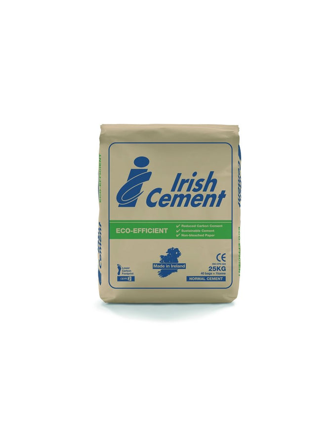Irish Cement 25kg Bag for general concreting, block laying, and plastering – eco-friendly, available at Keans Claremorris.