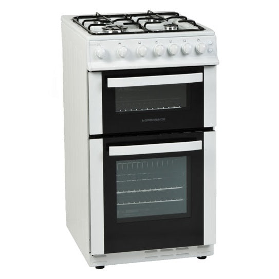Nordmende 50cm LPG Twin Cavity Gas Cooker in White – Compact, efficient cooking | Available at Keans Claremorris