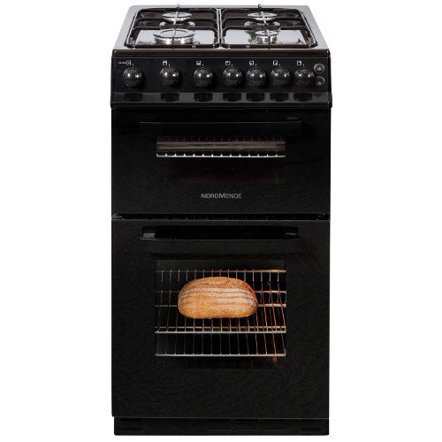 Nordmende 50cm Black LPG Twin Cavity Gas Cooker with 4 burners, grill, and mechanical timer – Keans Claremorris