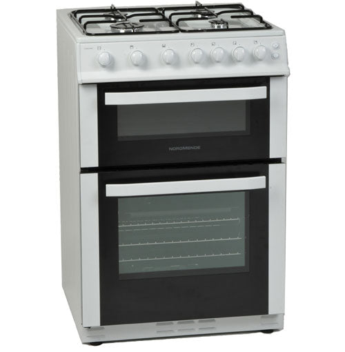Nordmende 60cm freestanding LPG gas cooker with twin ovens, 4 burners, enamel pan supports, and mechanical timer – Keans
