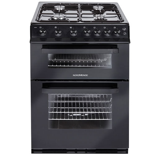 Nordmende 60cm black LPG gas cooker with twin ovens, 4 burners, mechanical timer, enamel pan supports – Keans Claremorris