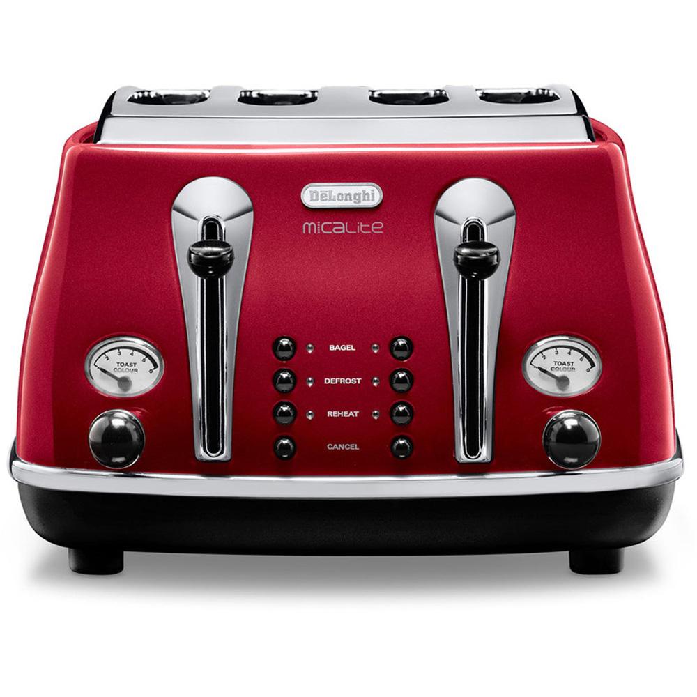 DeLonghi 4 Slice Toaster CTOM4003.R in red, stainless steel finish, fast toasting - available at Keans Claremorris