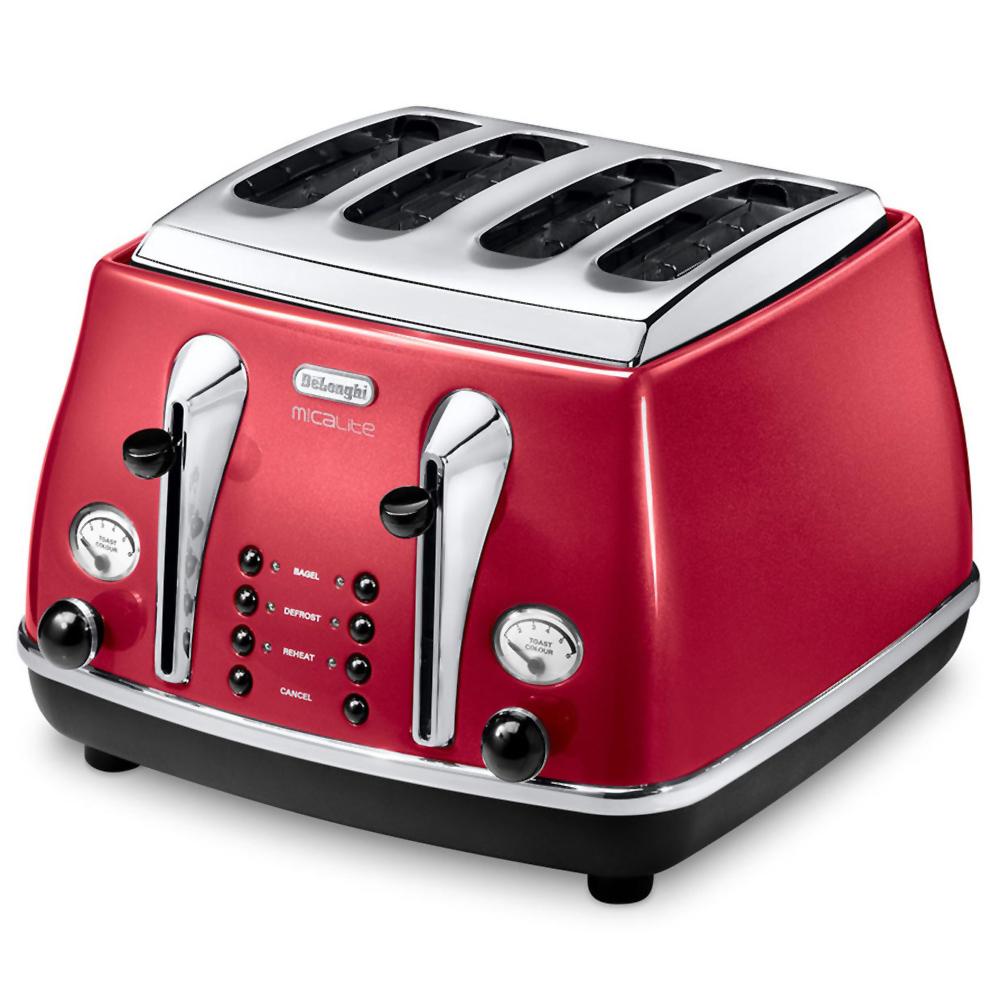 DeLonghi 4 Slice Toaster CTOM4003.R in red, stainless steel finish, fast toasting - available at Keans Claremorris